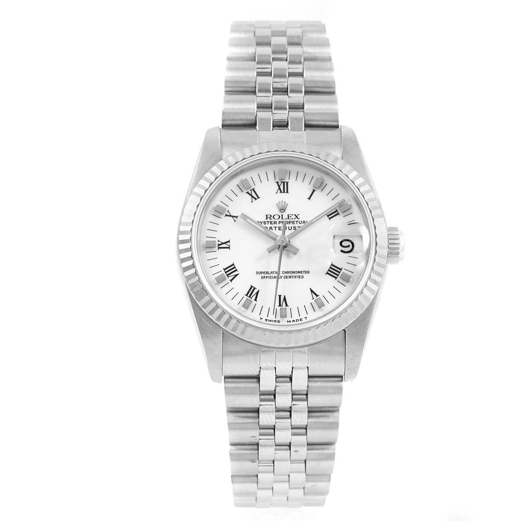 This image shows a front view of a Rolex Mid-Size 68274 Women's Stainless Steel White Dial 68274 Women's Stainless Steel White Dial Datejust watch, highlighting its bracelet, dial, and date window.