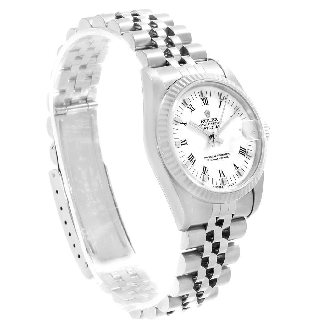 The Rolex Mid-Size 68274 Women's Stainless Steel White Dial 68274 Women's Stainless Steel White Dial model watch is shown at an angled side view highlighting the face, bezel, and bracelet.