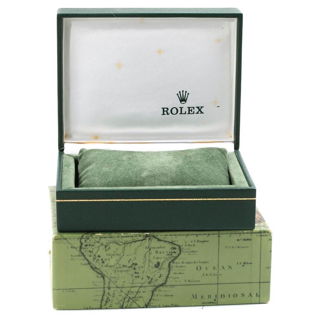 This image shows the open packaging box of a Rolex Mid-Size 68274 Women's Stainless Steel White Dial 68274 Women's Stainless Steel White Dial model, including the cushioned interior.