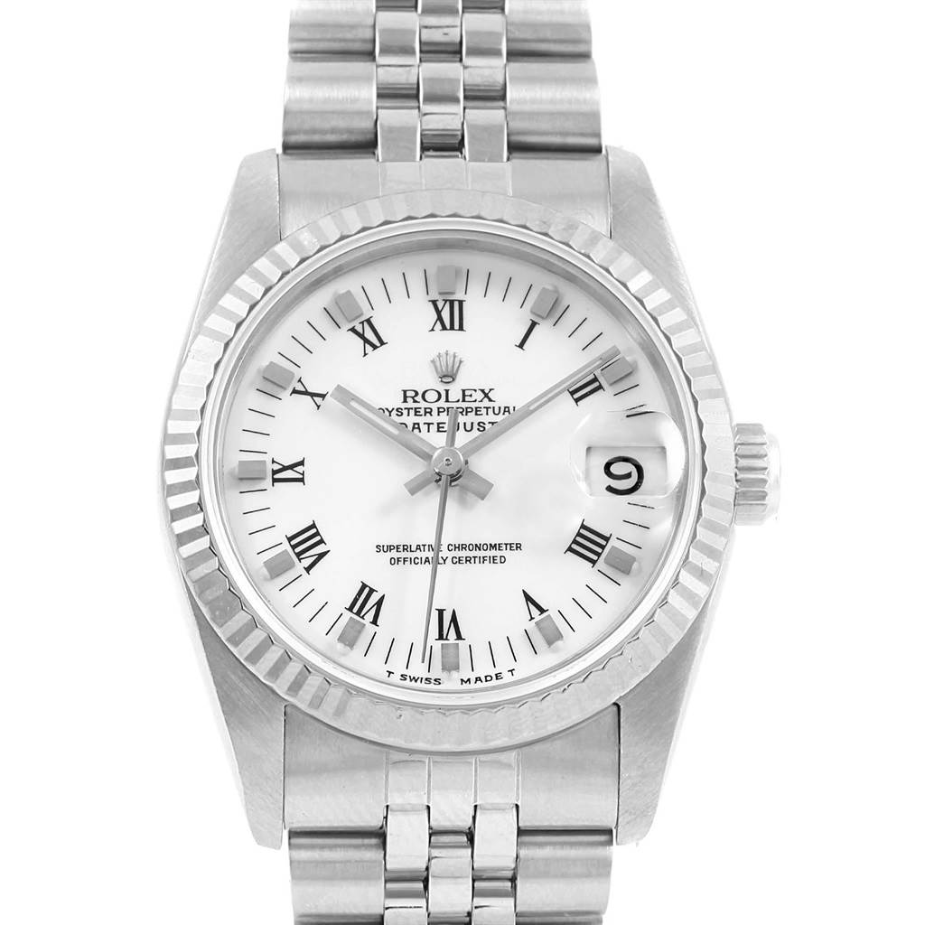 This image shows a front view of a Rolex Mid-Size 68274 Women's Stainless Steel White Dial 68274 Women's Stainless Steel White Dial Datejust watch, highlighting its dial, hands, bezel, and part of the bracelet.