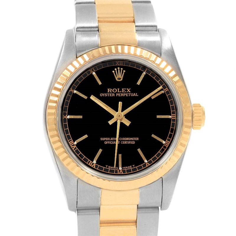 Rolex Midsize 31 Black Dial Yellow Gold Steel Ladies Watch 67513 SwissWatchExpo
