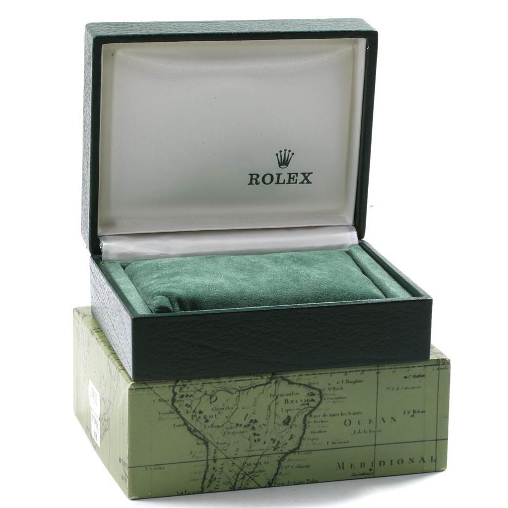 The image shows the open box and cushion for a Mid-Size Rolex watch with the brand's logo inside the lid.