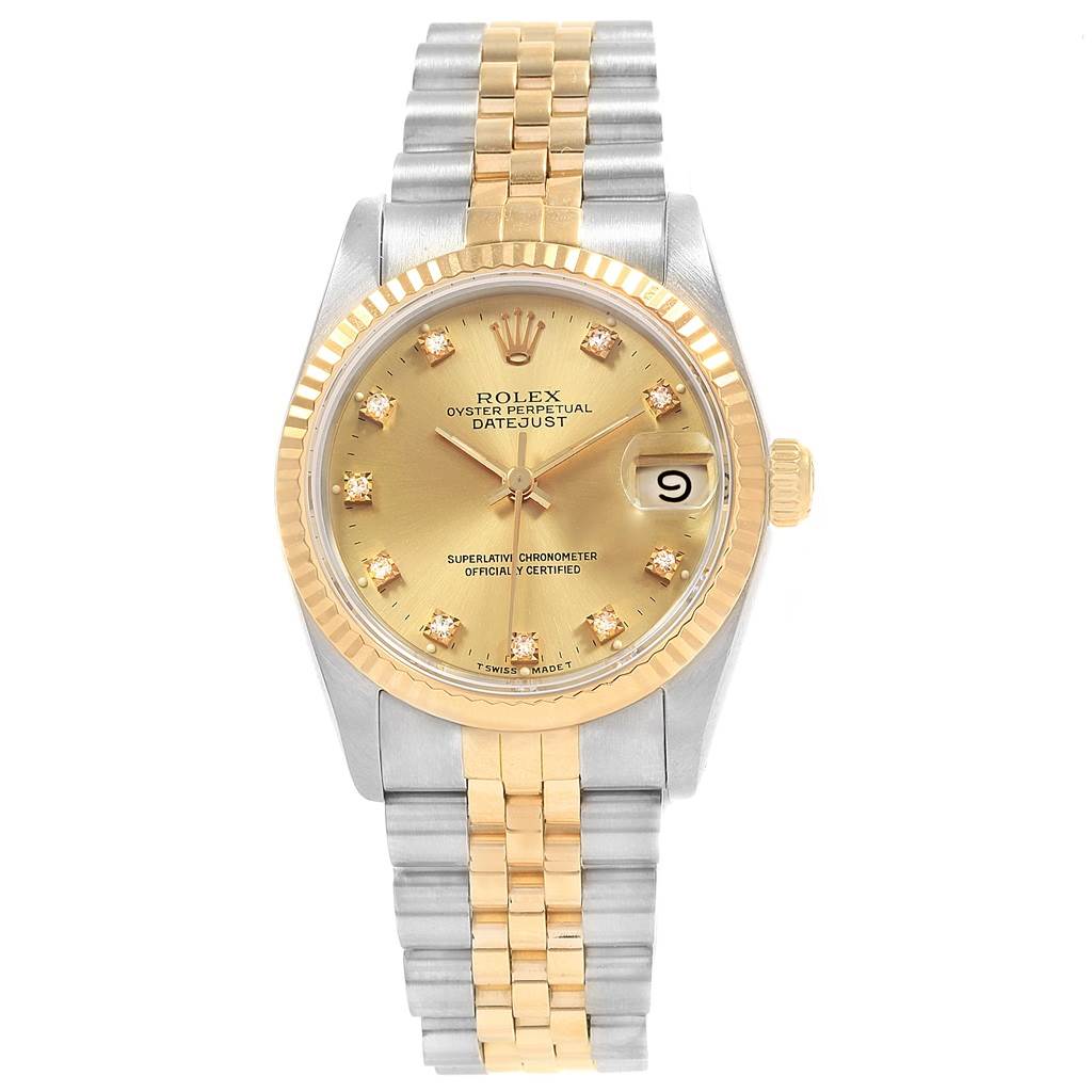 The image shows a front view of a Rolex Datejust Mid-Size watch, highlighting its two-tone bracelet and gold dial.