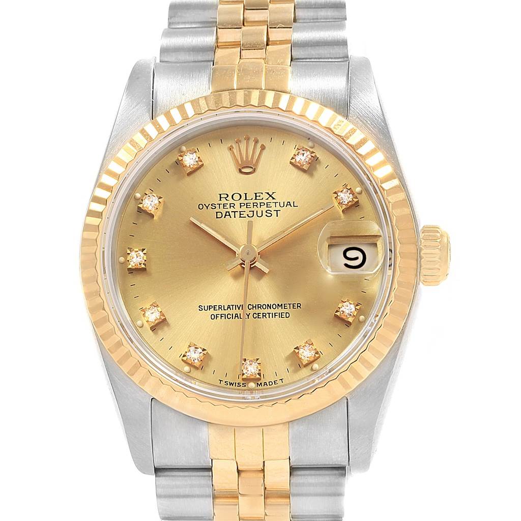 The image shows the front view of a Rolex Mid-Size 68273 Women's Steel and Gold (two tone) Champagne Dial 68273 Women's Steel and Gold (two tone) Champagne Dial Datejust watch, highlighting the dial, bezel, and bracelet.