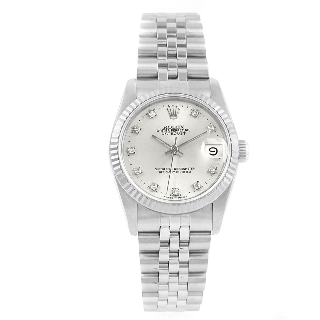 The image shows a front view of a Rolex Oyster Perpetual Datejust Mid-Size watch, featuring its dial, bezel, and bracelet.