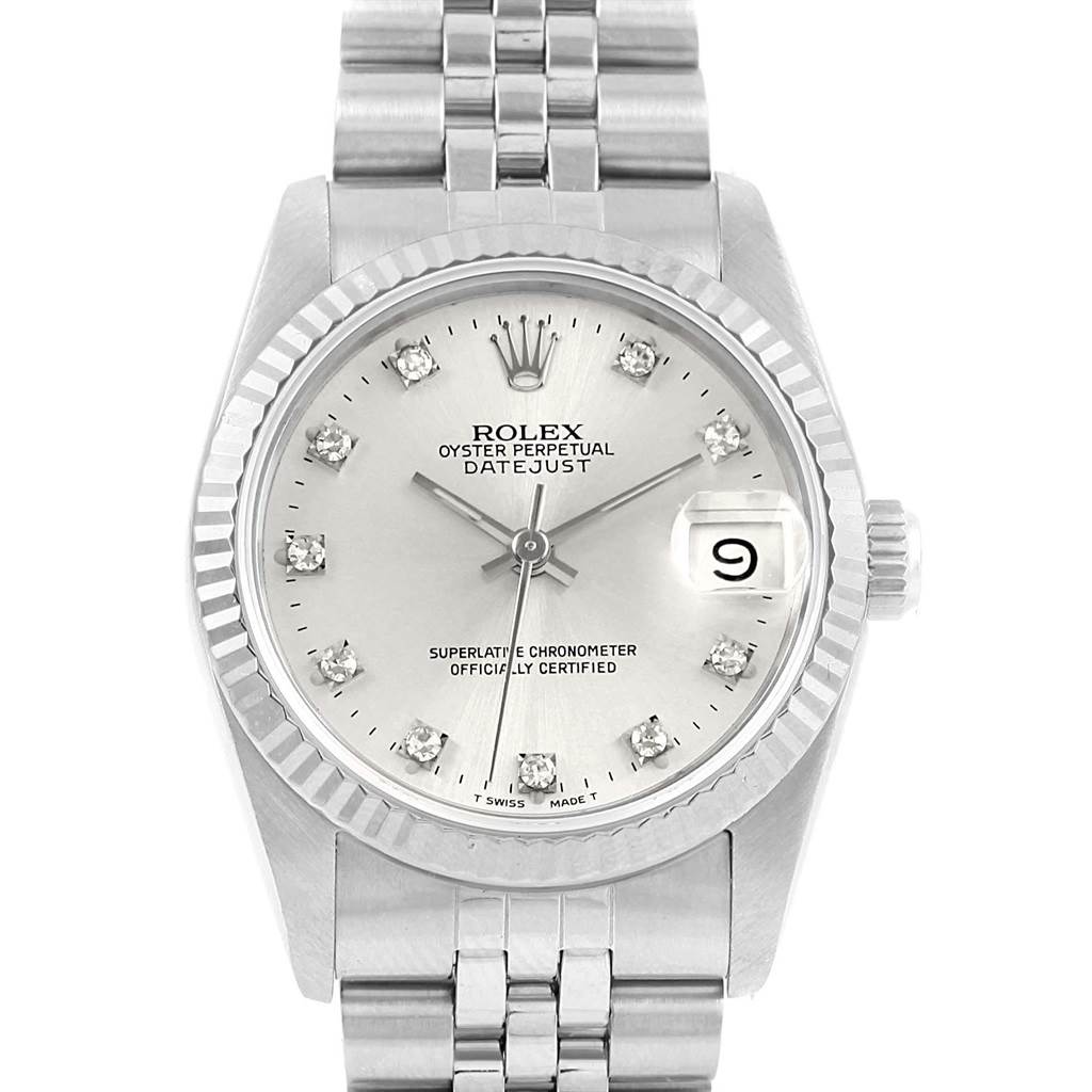 This is a front view of the Rolex Oyster Perpetual Datejust Mid-Size, showing the dial, bezel, and bracelet.