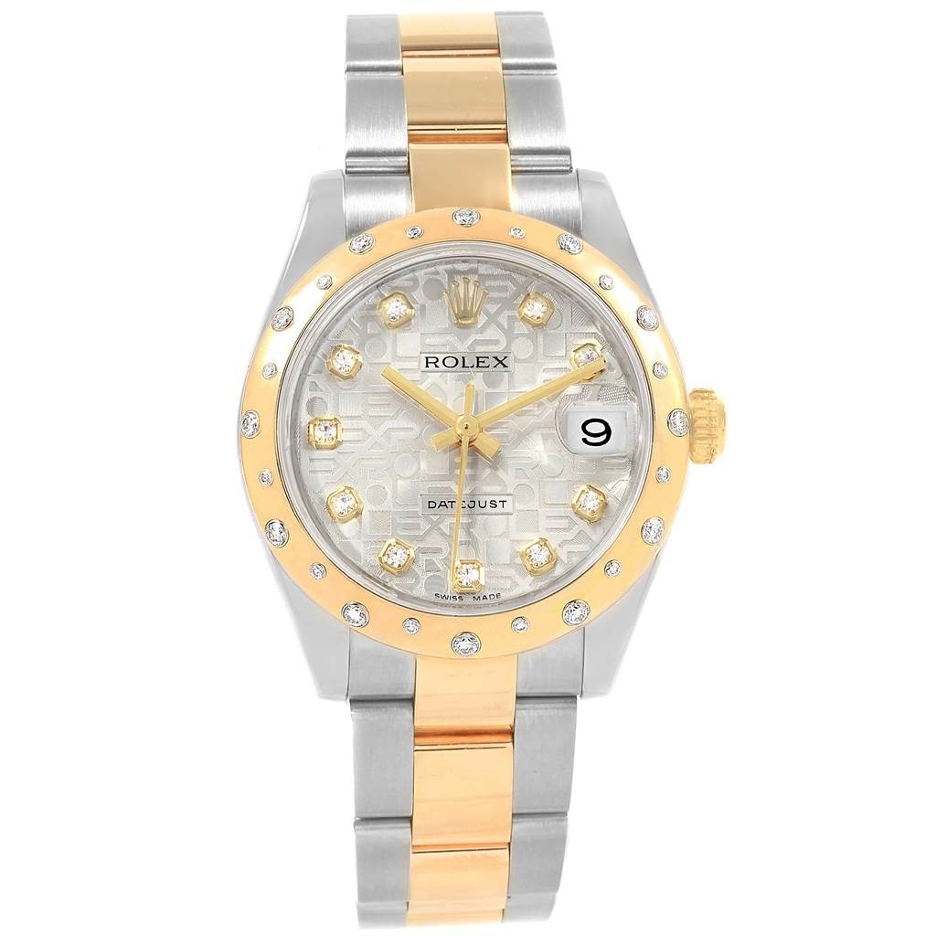 This Rolex Mid-Size 178343 Women's Steel and Gold (two tone) Silver Dial 178343 Women's Steel and Gold (two tone) Silver Dial model watch is shown from a front view, highlighting its face and two-tone bracelet.
