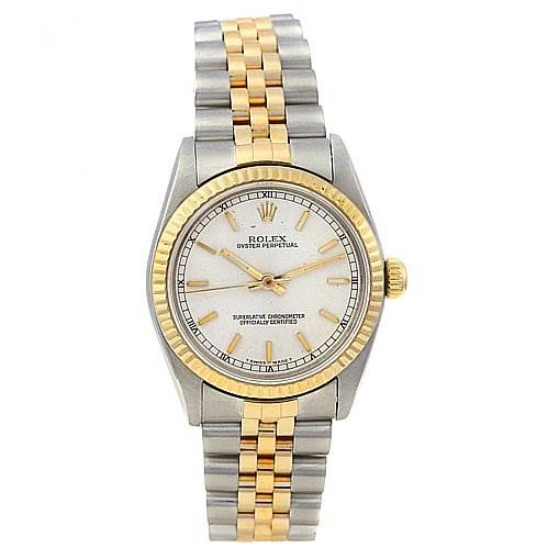 The image shows a frontal view of a Rolex Mid-Size 67513 Women's Stainless Steel Silver Dial 67513 Women's Stainless Steel Silver Dial Oyster Perpetual watch with a two-tone bracelet and gold bezel.