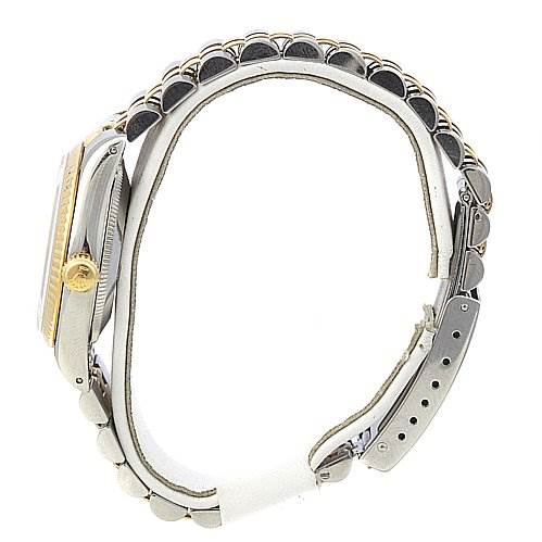 The image shows a side profile of a Rolex Mid-Size 67513 Women's Stainless Steel Silver Dial 67513 Women's Stainless Steel Silver Dial watch, highlighting the bezel, crown, case, and bracelet.