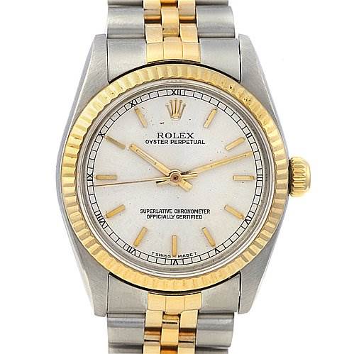 The image shows a front view of a Rolex Mid-Size 67513 Women's Stainless Steel Silver Dial 67513 Women's Stainless Steel Silver Dial Oyster Perpetual watch with a bi-color bracelet and fluted bezel.