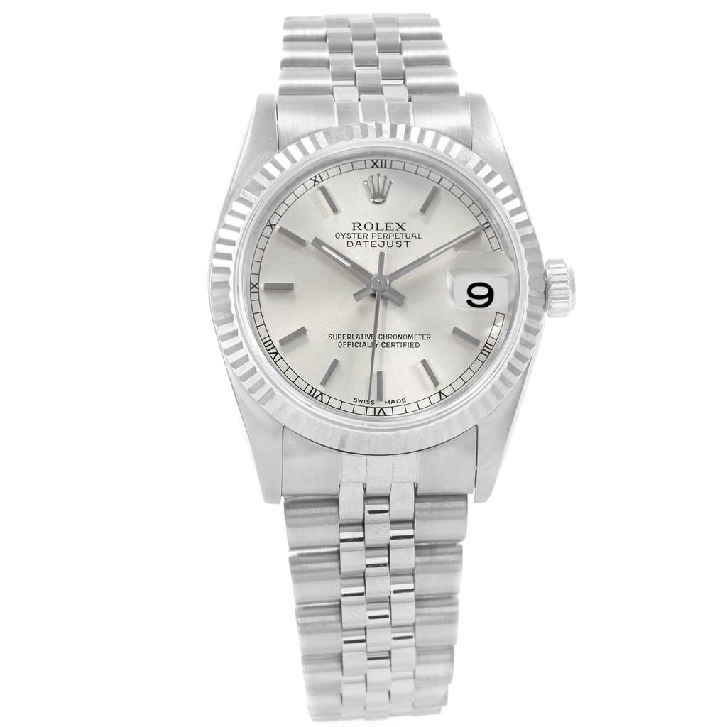 This image shows a Rolex Oyster Perpetual Datejust Mid-Size watch from a front angle, displaying the face, bezel, crown, and bracelet.