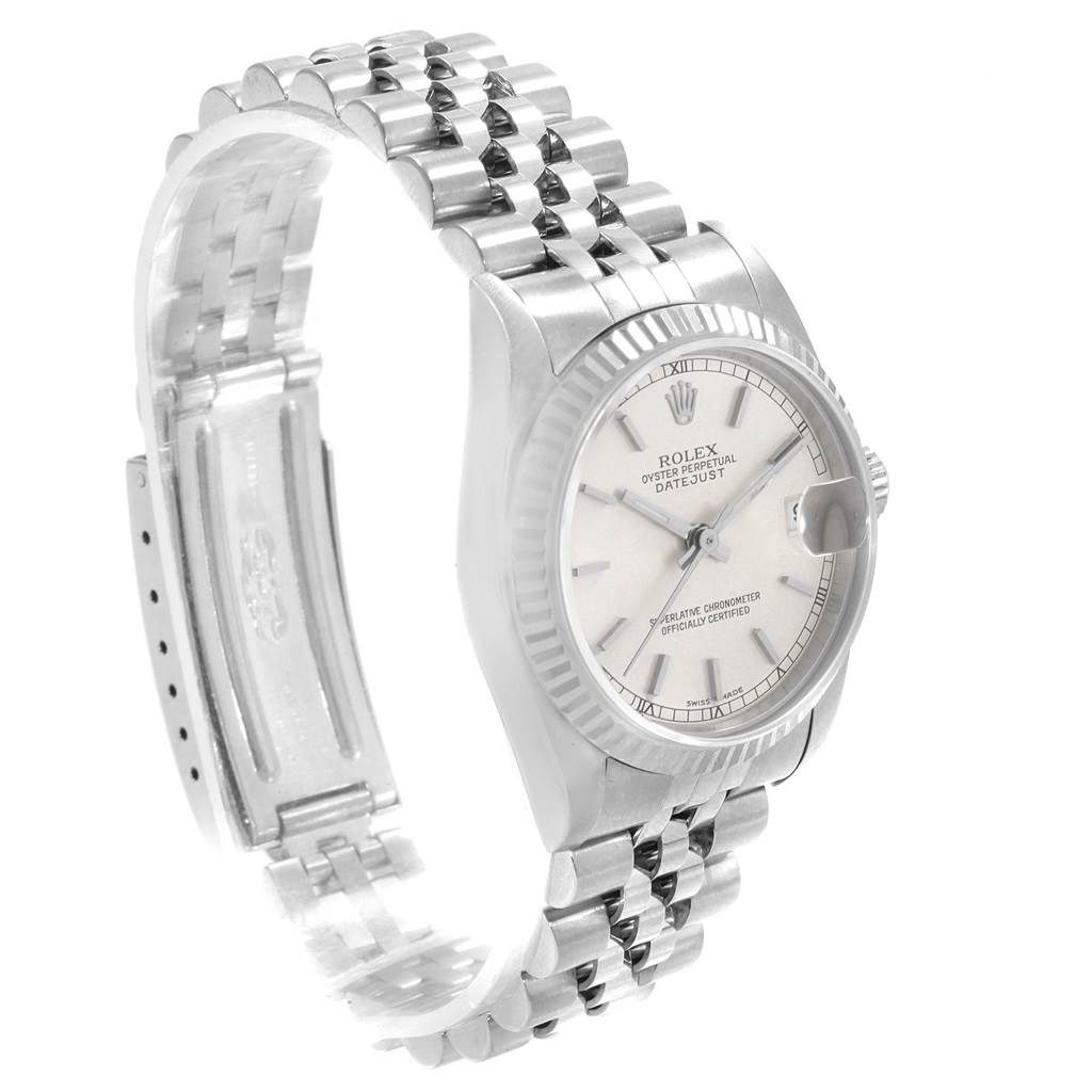 The image shows a side perspective of a Rolex Mid-Size 78274 Women's Stainless Steel Silver Dial 78274 Women's Stainless Steel Silver Dial Oyster Perpetual Datejust, highlighting the face and the Jubilee bracelet.