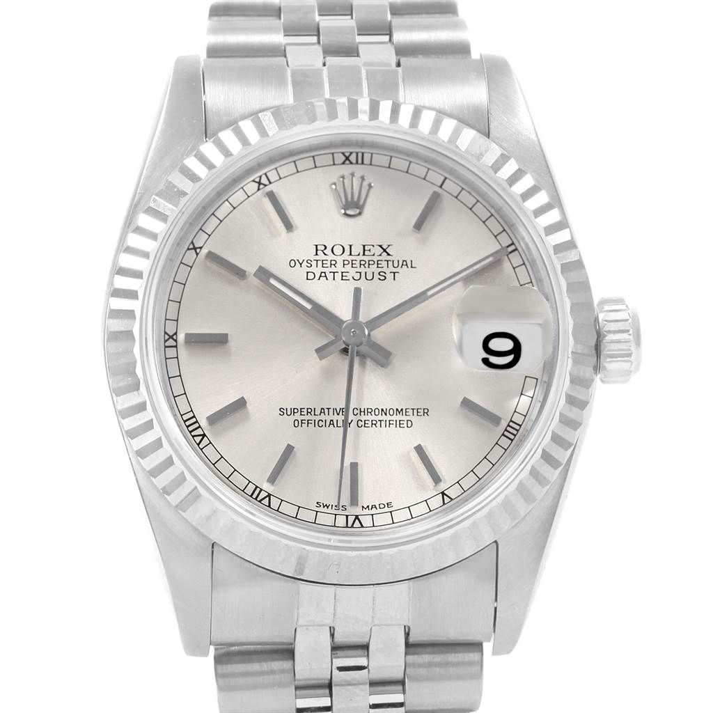 The image shows a front view of the Rolex Datejust Mid-Size watch, featuring its dial, bezel, and bracelet.