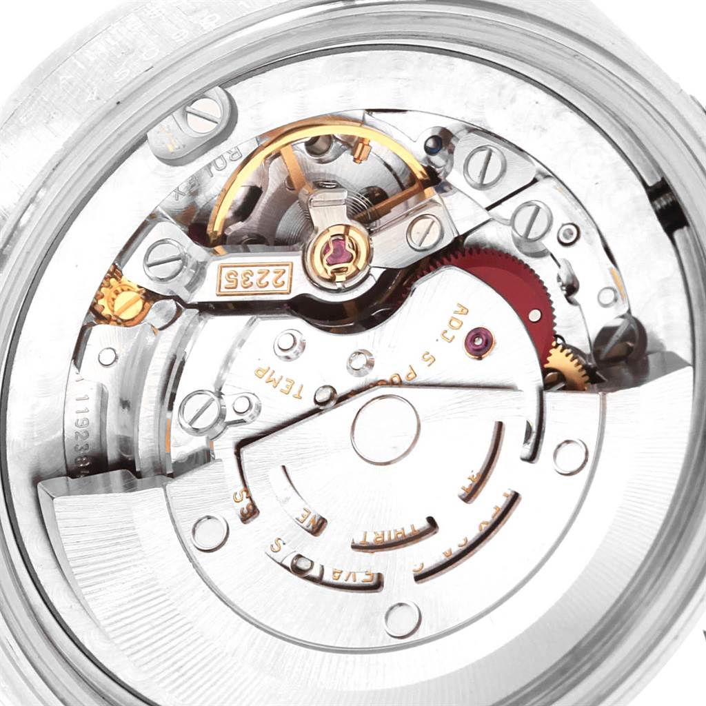 This image shows the intricate movement parts of a Rolex Mid-Size 78274 Women's Stainless Steel Silver Dial 78274 Women's Stainless Steel Silver Dial model watch from a close-up angle.
