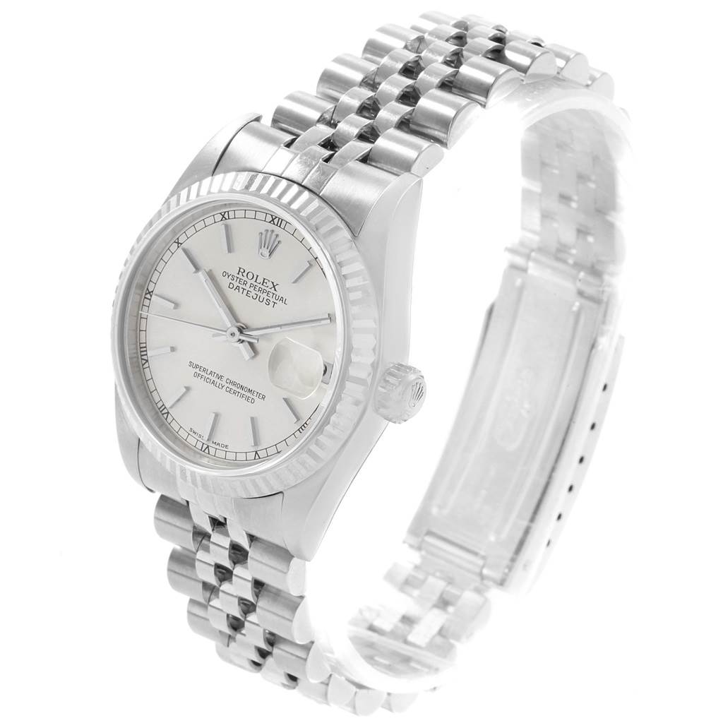 The Rolex Mid-Size 78274 Women's Stainless Steel Silver Dial 78274 Women's Stainless Steel Silver Dial model watch is shown from a three-quarter angle, displaying the bezel, dial, bracelet, and crown.