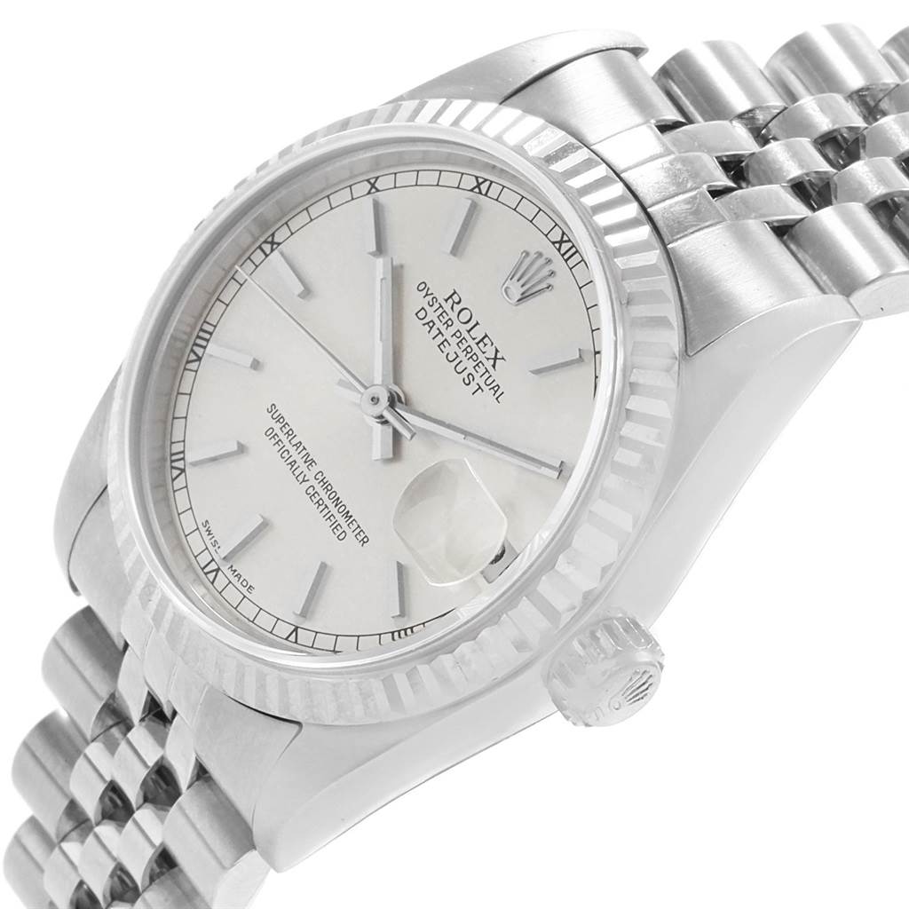 The image shows a close-up angled view of the face, bezel, and part of the bracelet of the Rolex Mid-Size 78274 Women's Stainless Steel Silver Dial 78274 Women's Stainless Steel Silver Dial Oyster Perpetual Datejust watch.