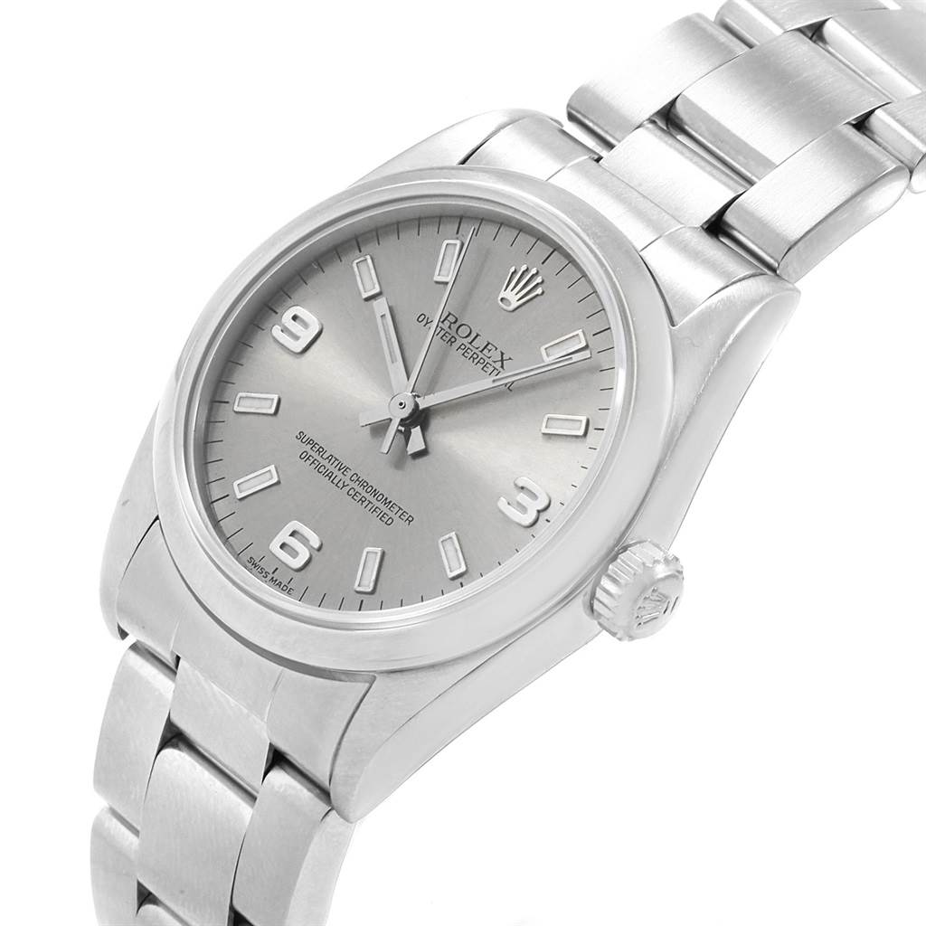 The Rolex Mid-Size 77080 Women's Stainless Steel Silver Dial 77080 Women's Stainless Steel Silver Dial model watch is shown at an angled view, highlighting the dial, case, crown, and part of the bracelet.
