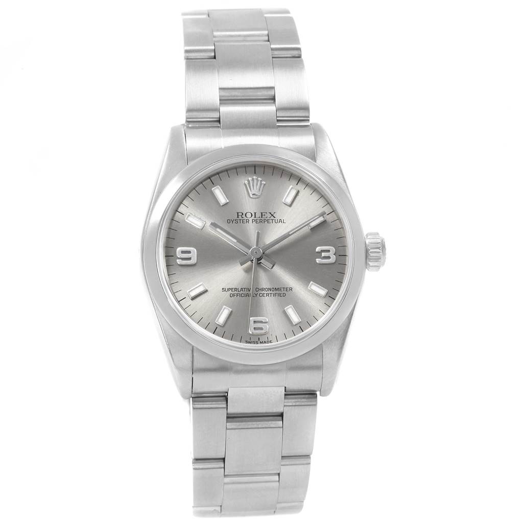 This is a front view of a Rolex Oyster Perpetual mid-size watch showing the face, bezel, case, and bracelet.