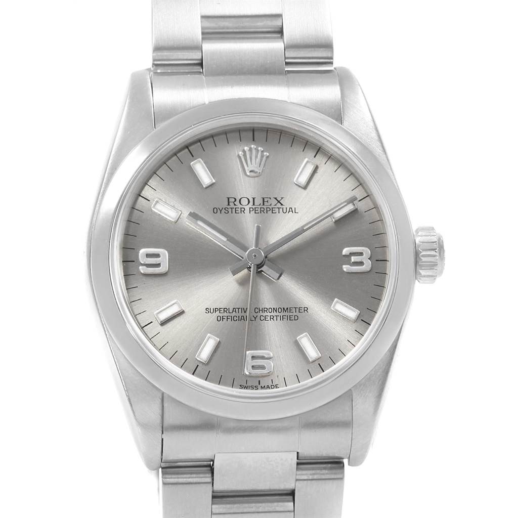 This image shows a frontal view of a Mid-Size Rolex Oyster Perpetual watch, highlighting the dial, bracelet, and crown.