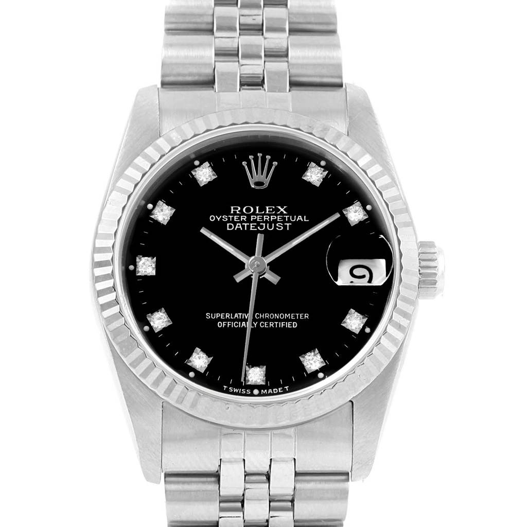 This image shows a front view of a Rolex Mid-Size 68274 Women
s Stainless Steel Black Dial 68274 Women
s Stainless Steel Black Dial Oyster Perpetual Datejust watch, featuring a black dial, date window, and metal bracelet.