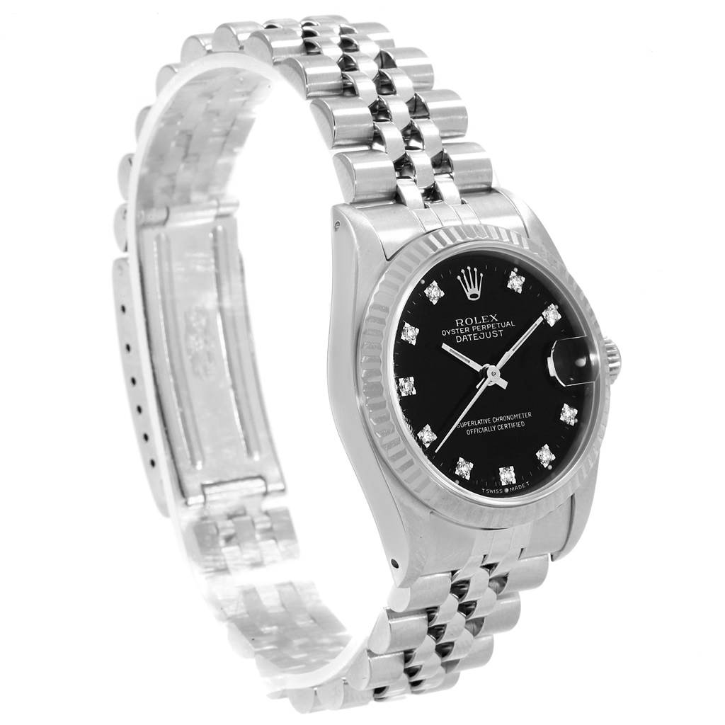 This Rolex Mid-Size 68274 Women
s Stainless Steel Black Dial 68274 Women
s Stainless Steel Black Dial watch is shown at an angled view focusing on the face, bezel, and partially open bracelet.