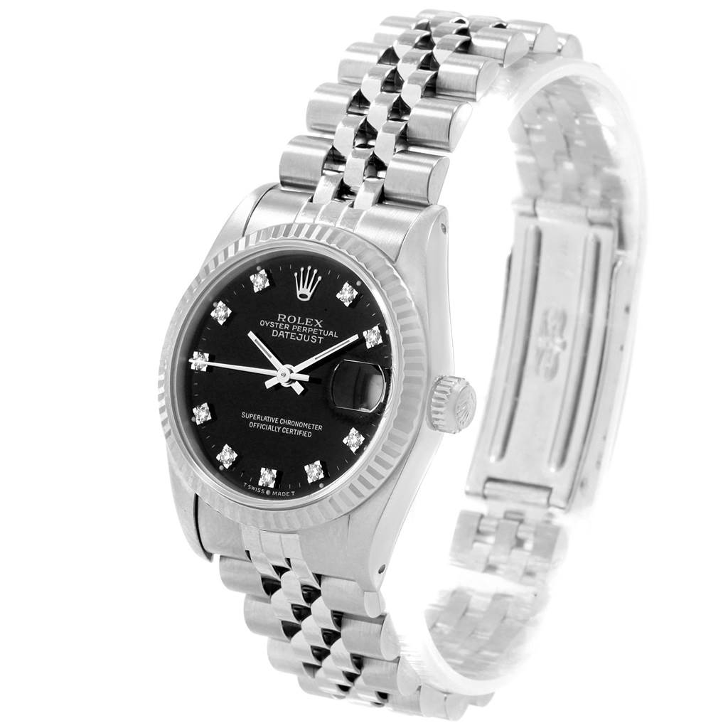 The image shows a Rolex Datejust Mid-Size model from an angled perspective, displaying the watch face, bezel, and bracelet.