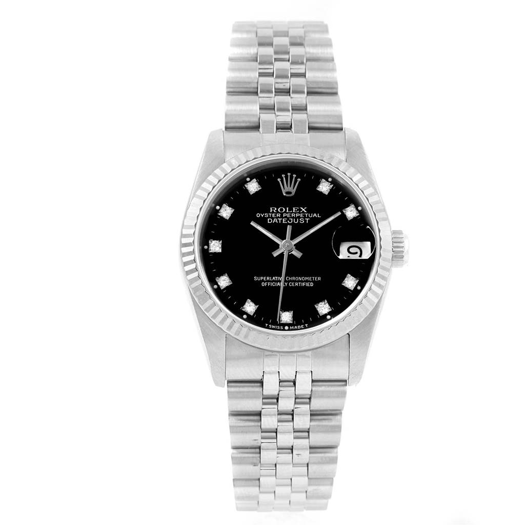 The image shows a Rolex Mid-Size 68274 Women
s Stainless Steel Black Dial 68274 Women
s Stainless Steel Black Dial Oyster Perpetual Datejust watch from a top view, displaying the face, bezel, and bracelet.