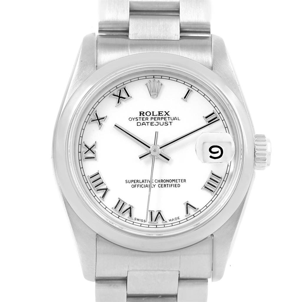 The image shows a front view of the Rolex Oyster Perpetual Datejust Mid-Size watch, highlighting the dial, Roman numerals, and date magnifier.