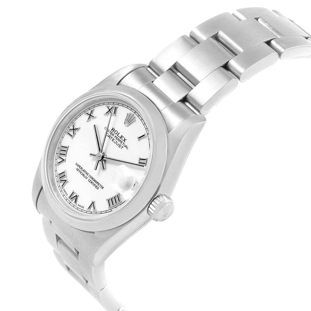The image shows a Rolex Mid-Size 68240 Women's Stainless Steel White Dial 68240 Women's Stainless Steel White Dial Oyster Perpetual Datejust watch at a tilted angle, highlighting the face, bezel, lugs, and partly the bracelet.