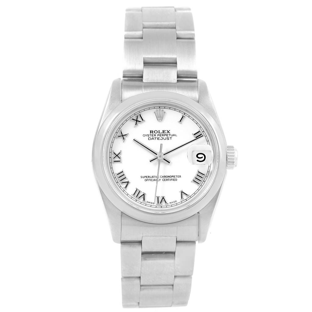 The Rolex Mid-Size 68240 Women's Stainless Steel White Dial 68240 Women's Stainless Steel White Dial Oyster Perpetual Datejust watch is shown from a front angle, displaying its white dial, Roman numerals, and metallic band.