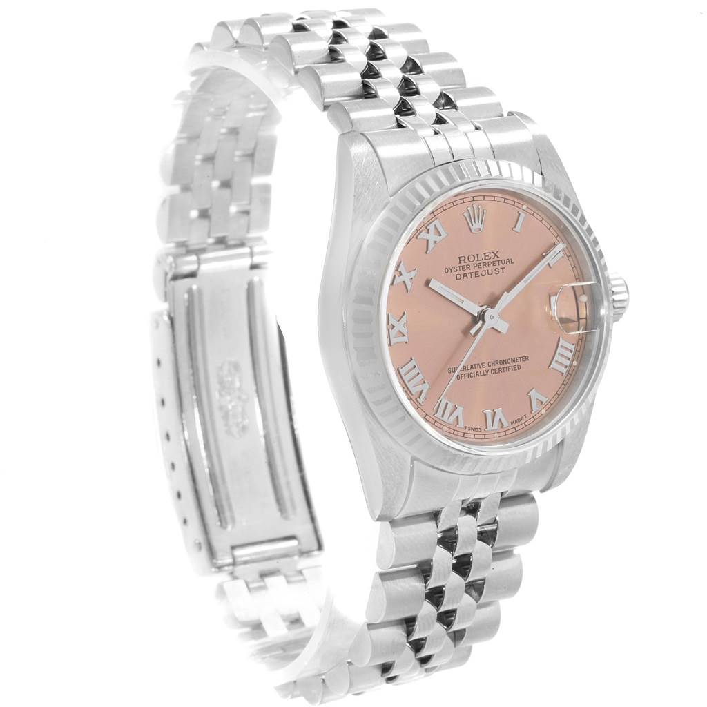 The Rolex Mid-Size 68274 Women's Stainless Steel Pink Dial 68274 Women's Stainless Steel Pink Dial watch is shown at a slight left-side angle, highlighting the face, bezel, and bracelet.