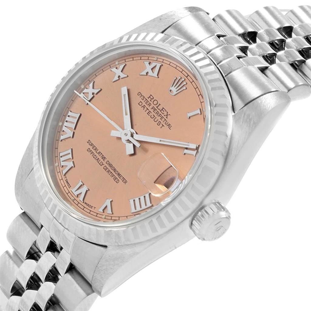 The image shows a Rolex Datejust Mid-Size watch at an angle, highlighting its face, crown, and part of the bracelet.