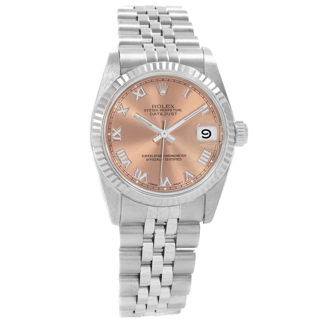 The image shows a front view of a Rolex Mid-Size 68274 Women's Stainless Steel Pink Dial 68274 Women's Stainless Steel Pink Dial Oyster Perpetual Datejust watch, displaying its face, bezel, and bracelet.