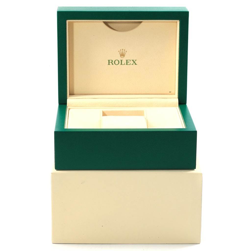 This image shows the open box for a Rolex Mid-Size 177200 Women's Stainless Steel Black Dial 177200 Women's Stainless Steel Black Dial model watch, revealing the inner compartment.