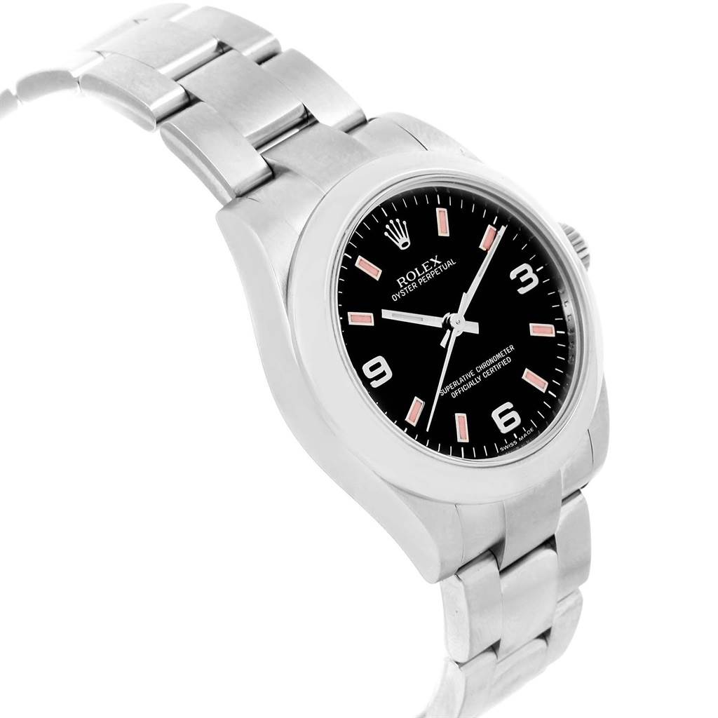 The Rolex Mid-Size 177200 Women's Stainless Steel Black Dial 177200 Women's Stainless Steel Black Dial Oyster Perpetual watch is shown from a slight side angle displaying the face, bezel, and part of the bracelet.