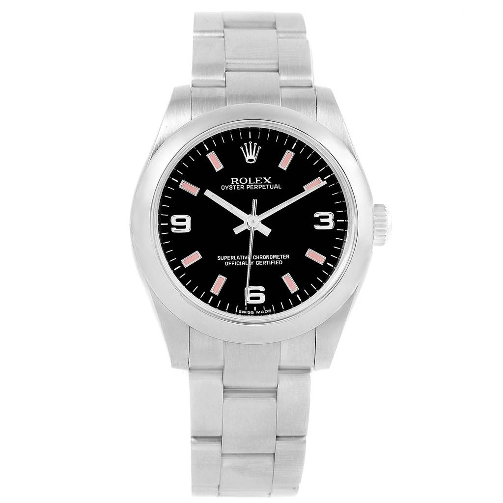 The image shows a front view of the Rolex Oyster Perpetual Mid-Size watch, highlighting its dial, bezel, and bracelet.