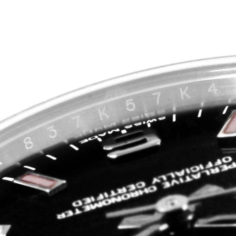 The image shows a close-up angle of the dial and bezel markings of a Rolex Mid-Size 177200 Women's Stainless Steel Black Dial 177200 Women's Stainless Steel Black Dial watch.