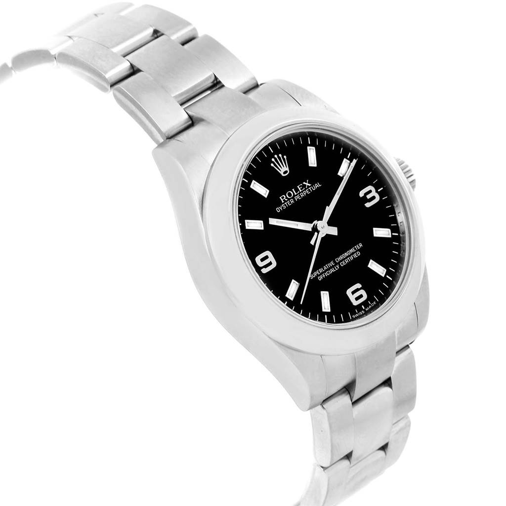 This image shows a Rolex Mid-Size 177200 Women's Stainless Steel Black Dial 177200 Women's Stainless Steel Black Dial model watch from a three-quarter angle, highlighting the bracelet, case, and black dial.