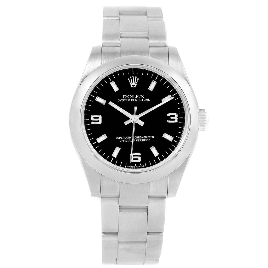 The image shows a front view of a Rolex Mid-Size 177200 Women's Stainless Steel Black Dial 177200 Women's Stainless Steel Black Dial Oyster Perpetual watch, displaying its dial, case, crown, and bracelet.