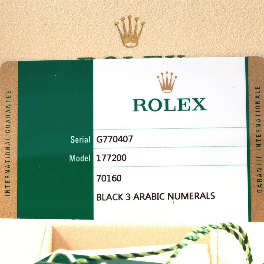 The image shows an International Guarantee card for a Rolex Mid-Size 177200 Women's Stainless Steel Black Dial 177200 Women's Stainless Steel Black Dial watch model 177200.