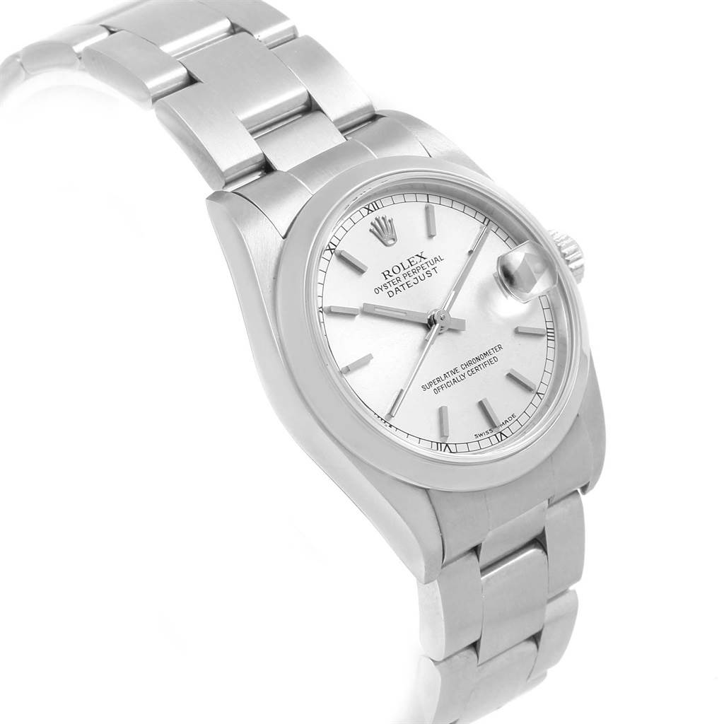 The Rolex Mid-Size 78240 Women's Stainless Steel Silver Dial 78240 Women's Stainless Steel Silver Dial Datejust watch is shown at a slight angle, highlighting its face, dial, crown, and bracelet.