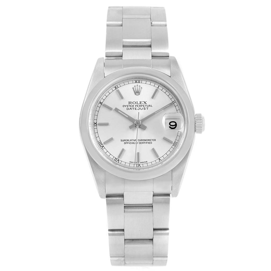 This image shows a front view of the Rolex Mid-Size 78240 Women's Stainless Steel Silver Dial 78240 Women's Stainless Steel Silver Dial Oyster Perpetual Datejust, displaying its dial, bezel, and bracelet.