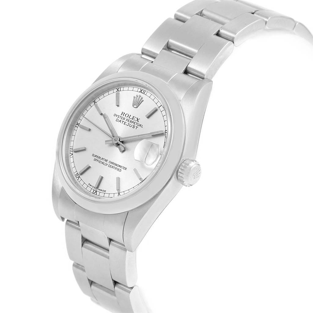 The image shows a Rolex Mid-Size 78240 Women's Stainless Steel Silver Dial 78240 Women's Stainless Steel Silver Dial Oyster Perpetual Datejust watch at a slight angle, highlighting the dial, bezel, crown, and bracelet.