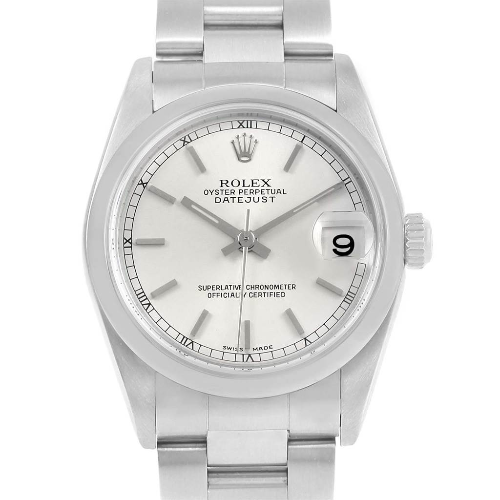 The image shows a front-facing view of a Rolex Oyster Perpetual Datejust Mid-Size watch, featuring its dial, bezel, crown, and bracelet.
