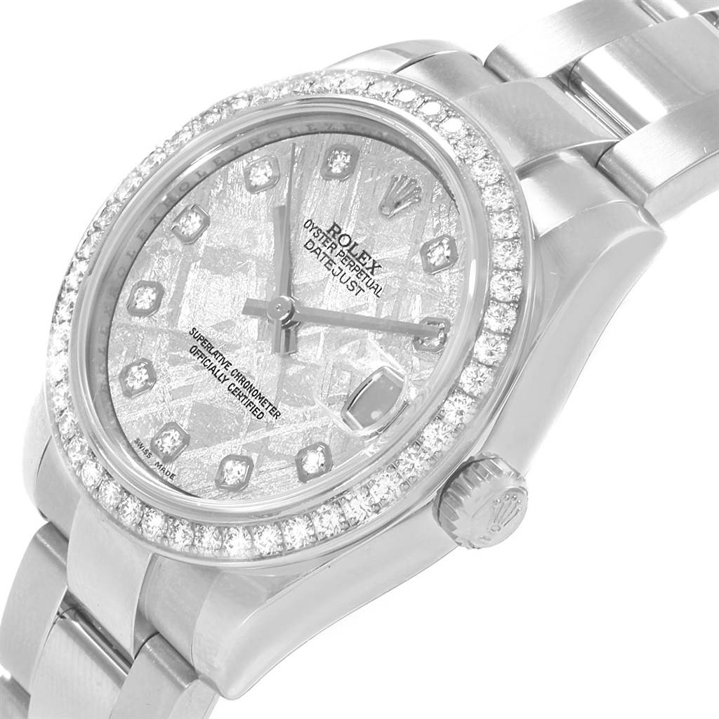 This Rolex Mid-Size 178384 Women's Stainless Steel Silver Dial 178384 Women's Stainless Steel Silver Dial watch is shown at an angled close-up, displaying its face, bezel, crown, and part of the bracelet.