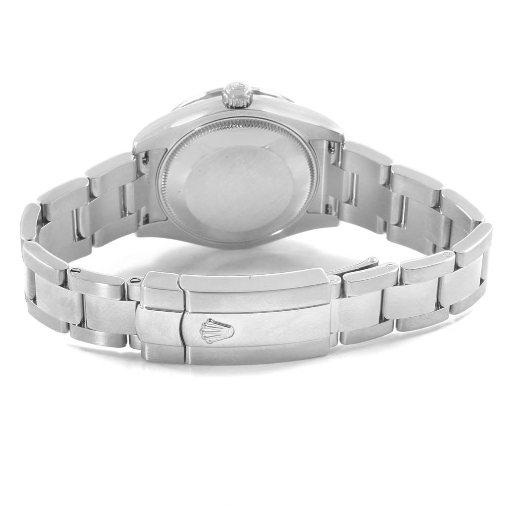 The image shows the back and clasp of a Rolex Mid-Size 178384 Women's Stainless Steel Silver Dial 178384 Women's Stainless Steel Silver Dial watch, including its bracelet and caseback.