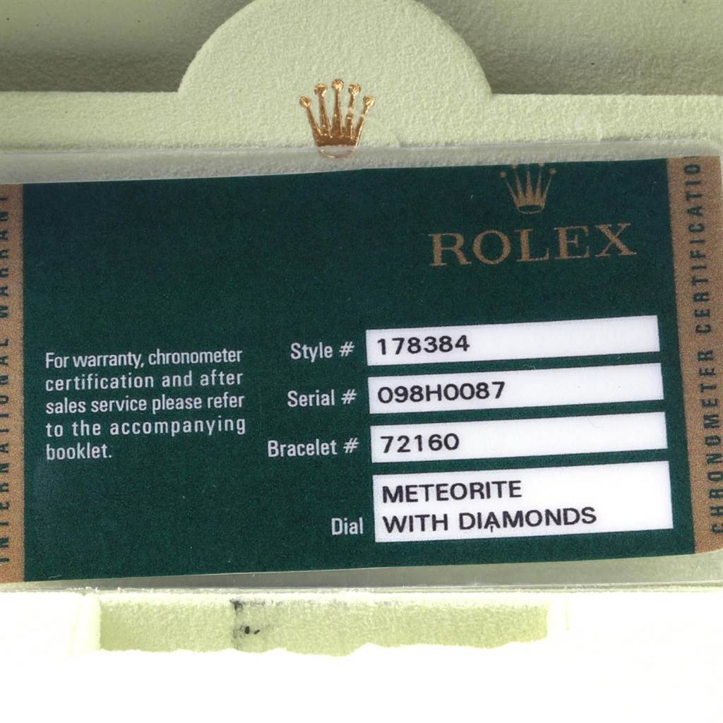 The image shows a Rolex warranty card detailing model 178384, serial 098H0087, bracelet 72160, and a meteorite dial with diamonds.