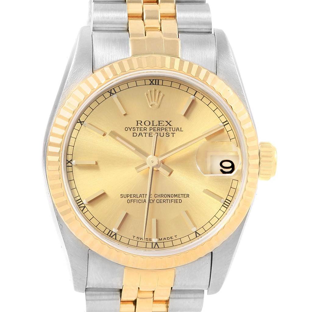 This is a front view of the Rolex Mid-Size 68273 Women
s Steel and Gold (two tone) Champagne Dial 68273 Women
s Steel and Gold (two tone) Champagne Dial Datejust watch, showing the dial, bezel, and bracelet.