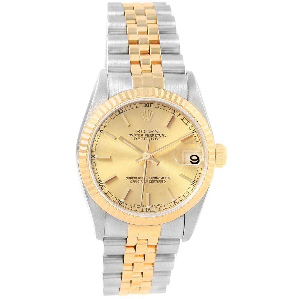 The image shows a front view of the Rolex Oyster Perpetual Datejust Mid-Size watch with a gold and silver bracelet.