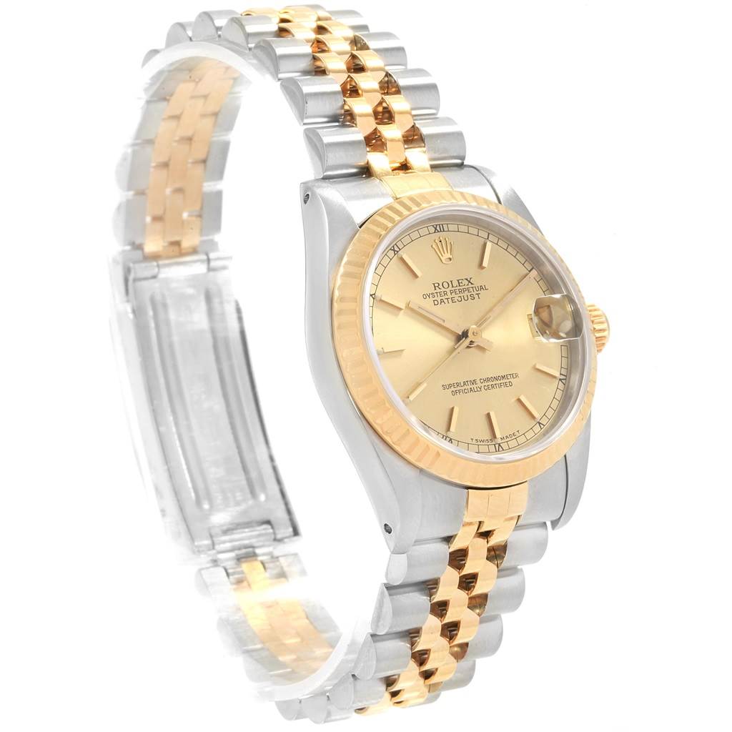 The image shows a side angle of a Rolex Datejust Mid-Size watch, highlighting the face and two-tone metal band.
